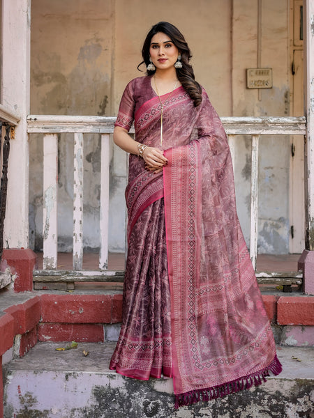 Printed Onion Linen Saree for Women with Multicolor Pallu and Ethnic Border – Lightweight Casual Wear
