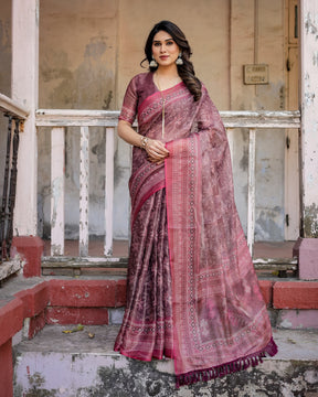 Printed Onion Linen Saree for Women with Multicolor Pallu and Ethnic Border – Lightweight Casual Wear