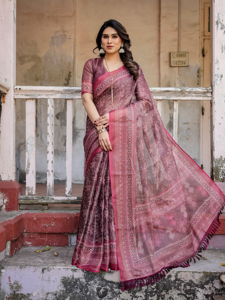Printed Onion Linen Saree for Women with Multicolor Pallu and Ethnic Border – Lightweight Casual Wear