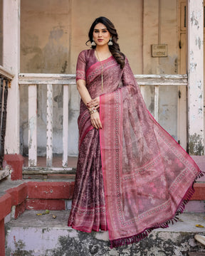 Printed Onion Linen Saree for Women with Multicolor Pallu and Ethnic Border – Lightweight Casual Wear
