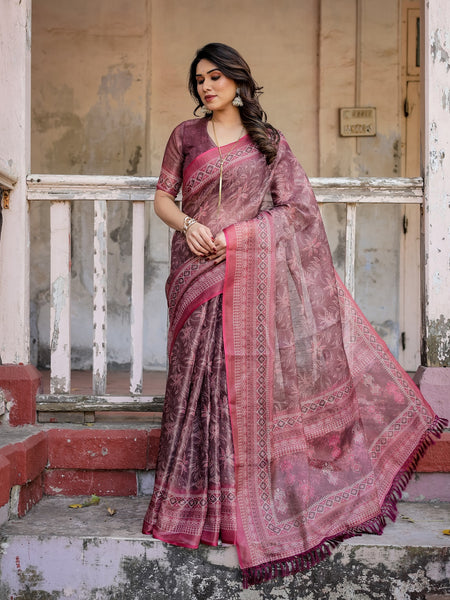 Printed Onion Linen Saree for Women with Multicolor Pallu and Ethnic Border – Lightweight Casual Wear