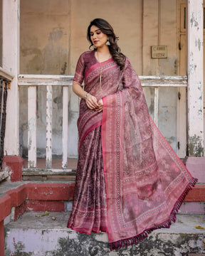 Printed Onion Linen Saree for Women with Multicolor Pallu and Ethnic Border – Lightweight Casual Wear