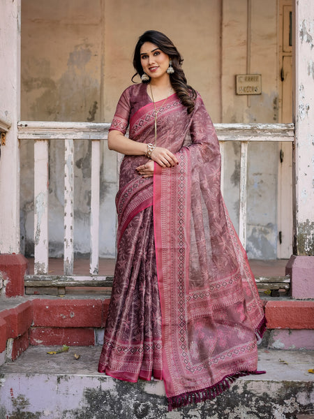 Printed Onion Linen Saree for Women with Multicolor Pallu and Ethnic Border – Lightweight Casual Wear