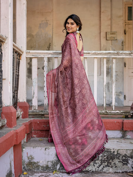 Printed Onion Linen Saree for Women with Multicolor Pallu and Ethnic Border – Lightweight Casual Wear