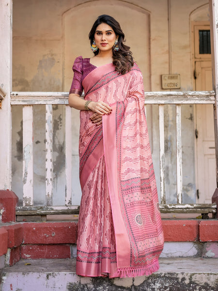 Printed Peach Color Linen Saree for Women with Multicolor Pallu and Ethnic Border – Lightweight Casual Wear