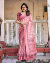 Printed Peach Color Linen Saree for Women with Multicolor Pallu and Ethnic Border – Lightweight Casual Wear