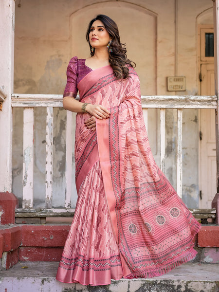 Printed Peach Color Linen Saree for Women with Multicolor Pallu and Ethnic Border – Lightweight Casual Wear