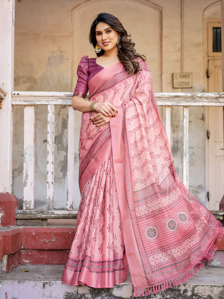 Printed Peach Color Linen Saree for Women with Multicolor Pallu and Ethnic Border – Lightweight Casual Wear