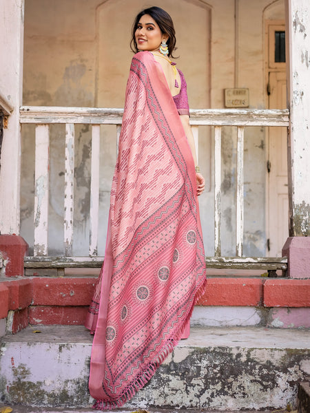 Printed Peach Color Linen Saree for Women with Multicolor Pallu and Ethnic Border – Lightweight Casual Wear
