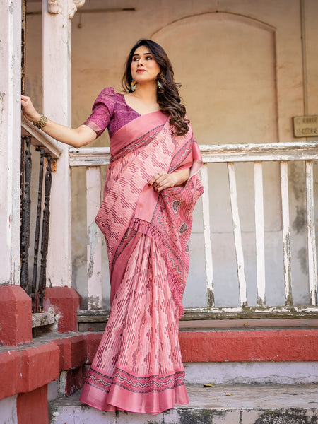 Printed Peach Color Linen Saree for Women with Multicolor Pallu and Ethnic Border – Lightweight Casual Wear