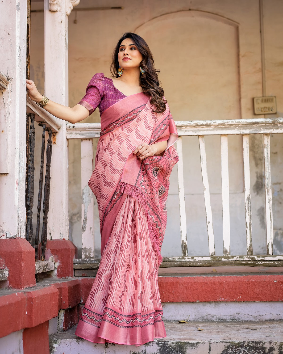 Printed Peach Color Linen Saree for Women with Multicolor Pallu and Ethnic Border – Lightweight Casual Wear