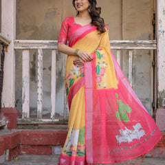 Elegant Multi-color Linen Saree with White Lotus Print & Silver Zari Border