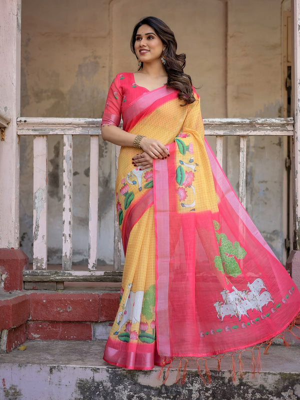 Elegant Multi-color Linen Saree with White Lotus Print & Silver Zari Border