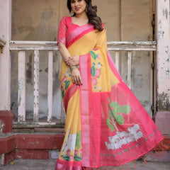 Elegant Multi-color Linen Saree with White Lotus Print & Silver Zari Border