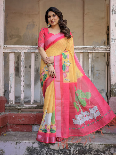 Elegant Multi-color Linen Saree with White Lotus Print & Silver Zari Border