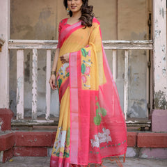 Elegant Multi-color Linen Saree with White Lotus Print & Silver Zari Border
