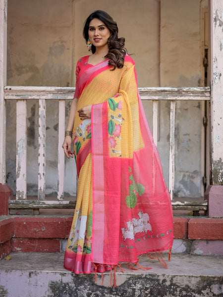 Elegant Multi-color Linen Saree with White Lotus Print & Silver Zari Border
