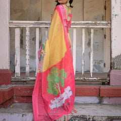 Elegant Multi-color Linen Saree with White Lotus Print & Silver Zari Border