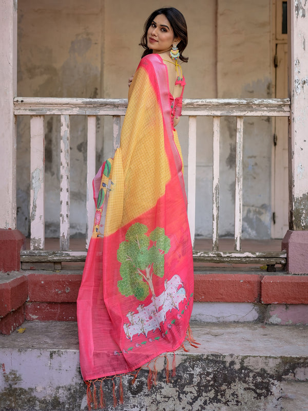 Elegant Multi-color Linen Saree with White Lotus Print & Silver Zari Border