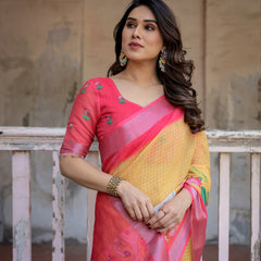 Elegant Multi-color Linen Saree with White Lotus Print & Silver Zari Border