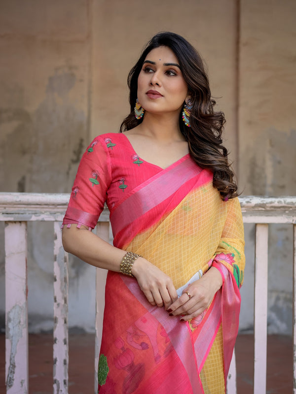 Elegant Multi-color Linen Saree with White Lotus Print & Silver Zari Border