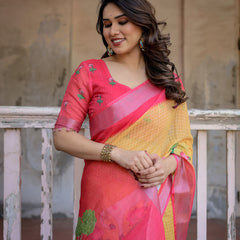 Elegant Multi-color Linen Saree with White Lotus Print & Silver Zari Border
