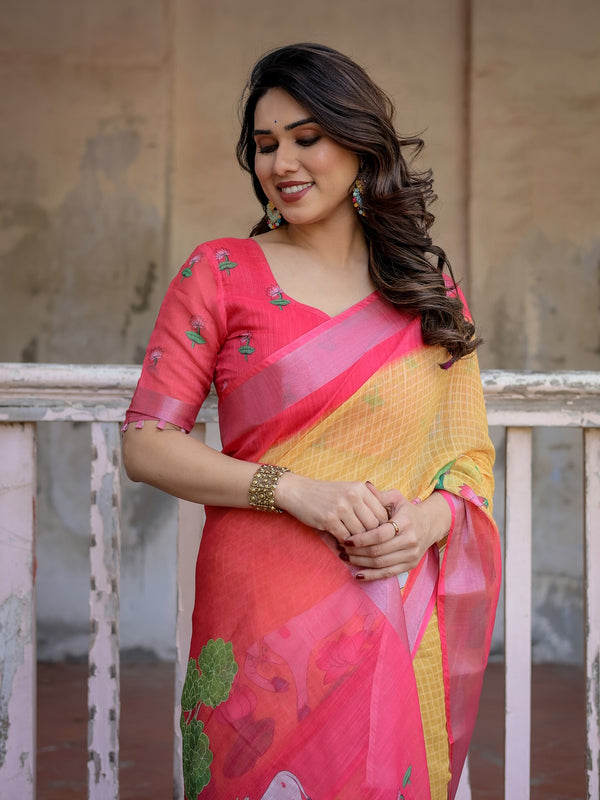 Elegant Multi-color Linen Saree with White Lotus Print & Silver Zari Border