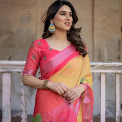 Elegant Multi-color Linen Saree with White Lotus Print & Silver Zari Border