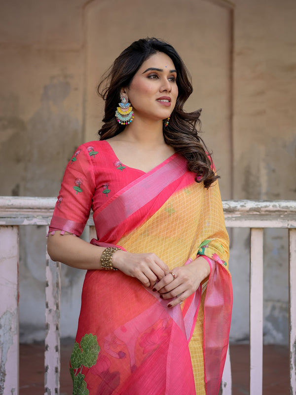 Elegant Multi-color Linen Saree with White Lotus Print & Silver Zari Border