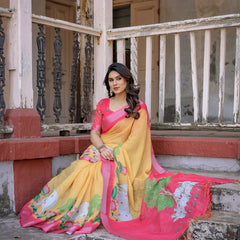 Elegant Multi-color Linen Saree with White Lotus Print & Silver Zari Border