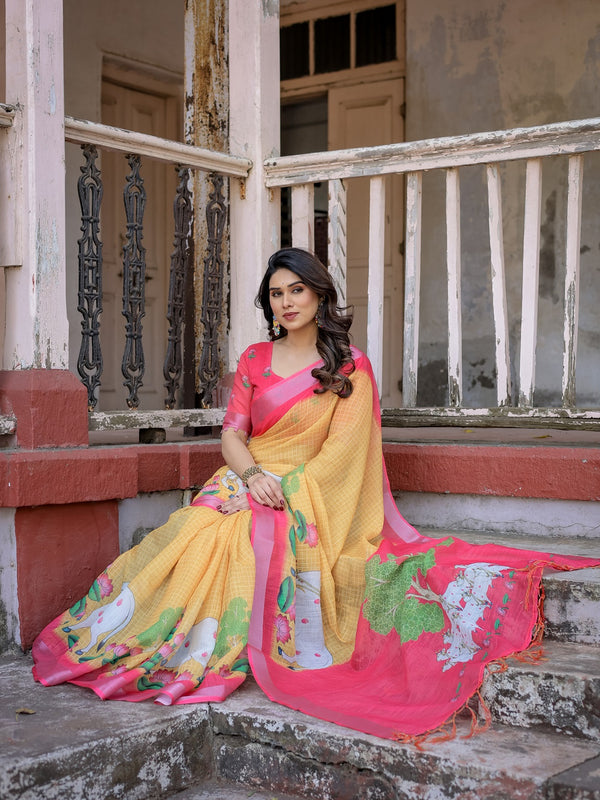 Elegant Multi-color Linen Saree with White Lotus Print & Silver Zari Border