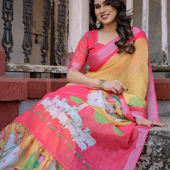 Elegant Multi-color Linen Saree with White Lotus Print & Silver Zari Border