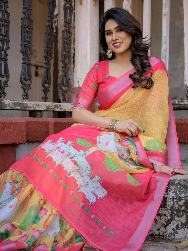 Elegant Multi-color Linen Saree with White Lotus Print & Silver Zari Border