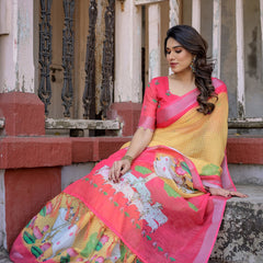 Elegant Multi-color Linen Saree with White Lotus Print & Silver Zari Border