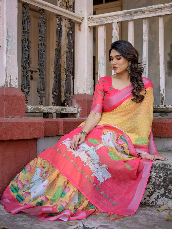 Elegant Multi-color Linen Saree with White Lotus Print & Silver Zari Border