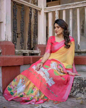 Elegant Multi-color Linen Saree with White Lotus Print & Silver Zari Border