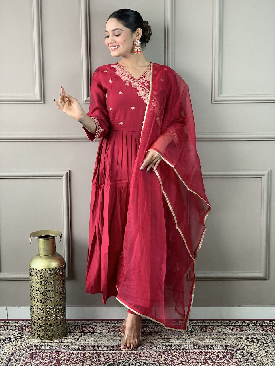 Cherry Red Anarkali Kurta Set with Organza Dupatta