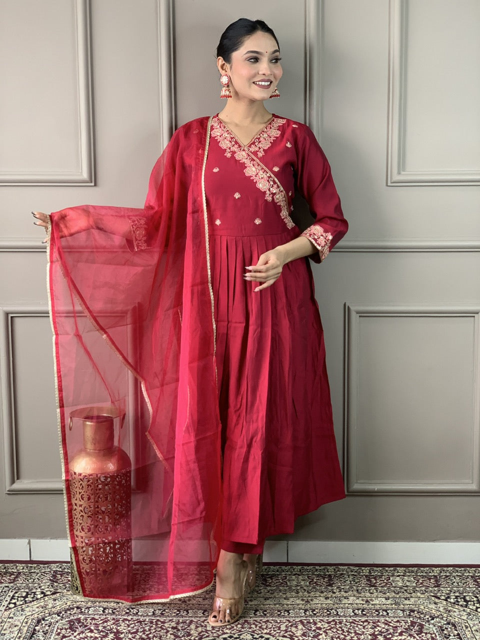 Cherry Red Anarkali Kurta Set with Organza Dupatta