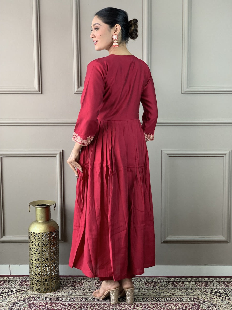 Cherry Red Anarkali Kurta Set with Organza Dupatta