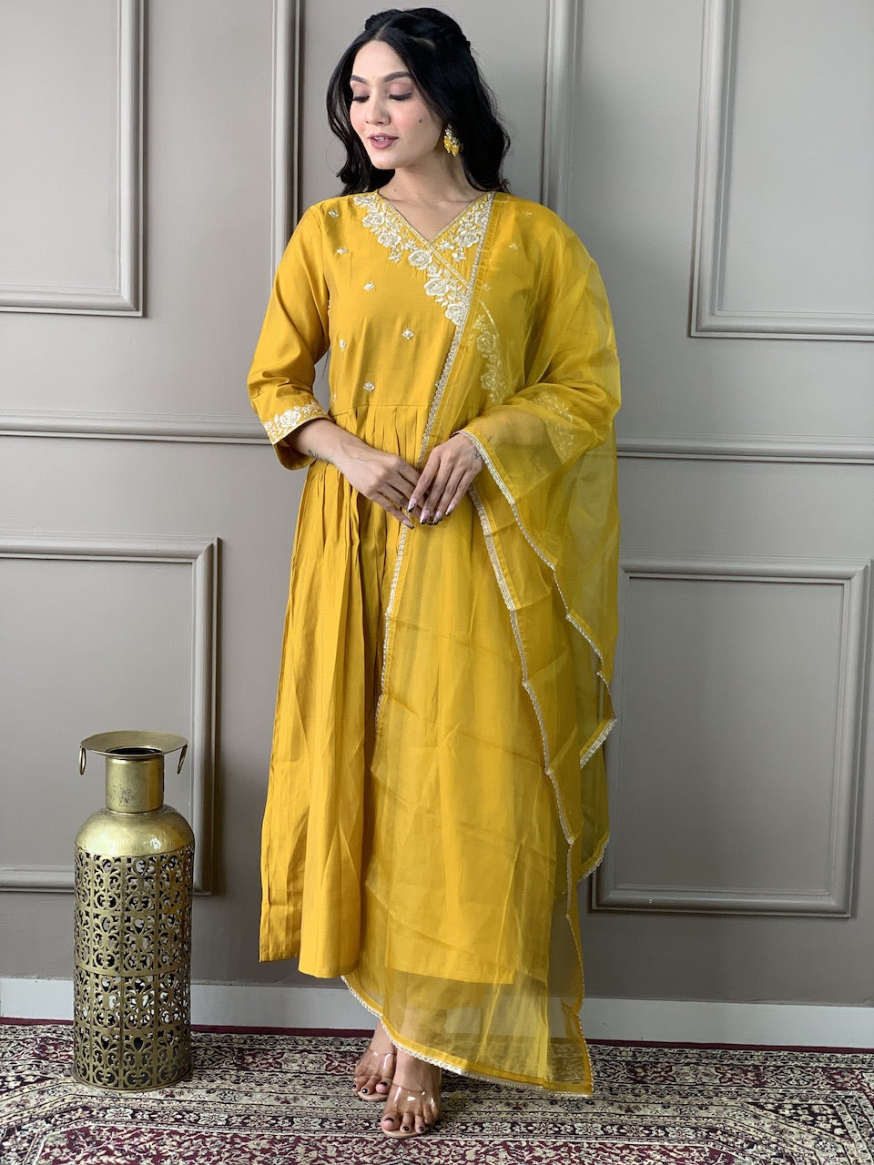 Mustard Yellow Anarkali Kurta Set with Organza Dupatta