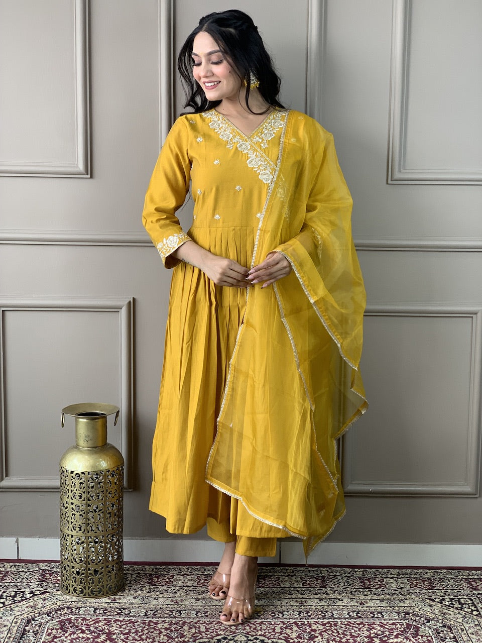 Mustard Yellow Anarkali Kurta Set with Organza Dupatta