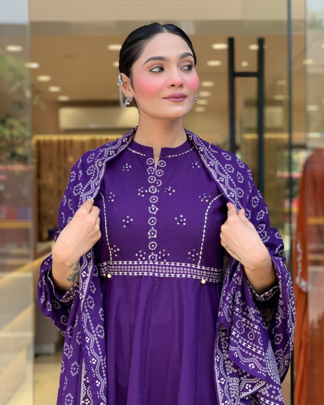Deep Purple Bandhani Anarkali Kurta Set with Dupatta