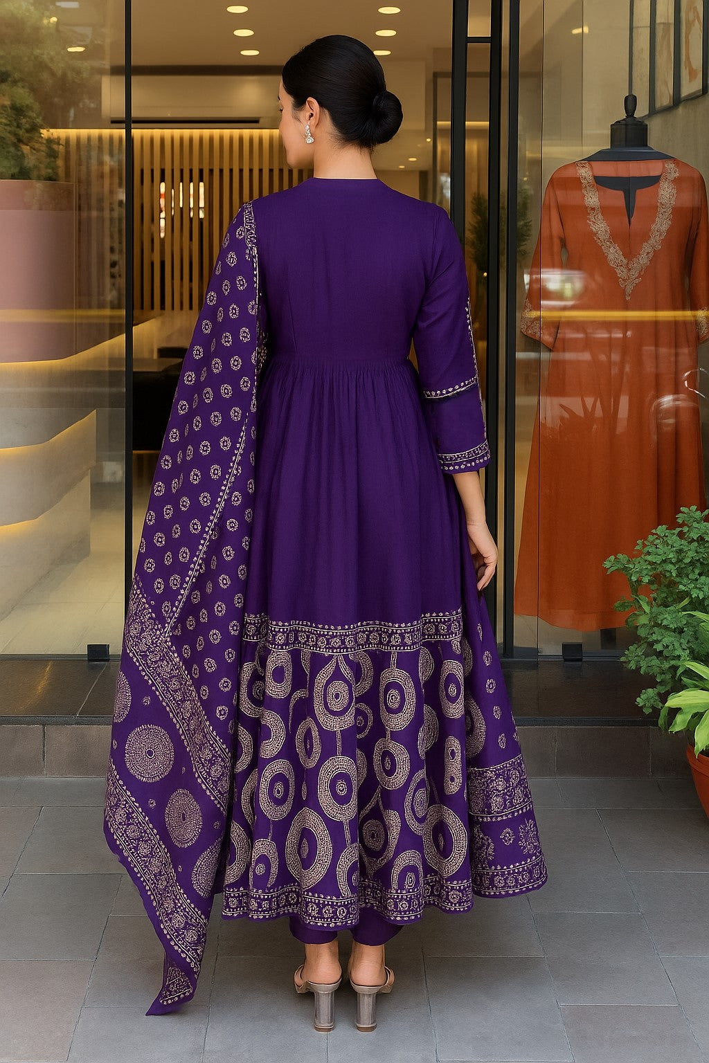 Deep Purple Bandhani Anarkali Kurta Set with Dupatta