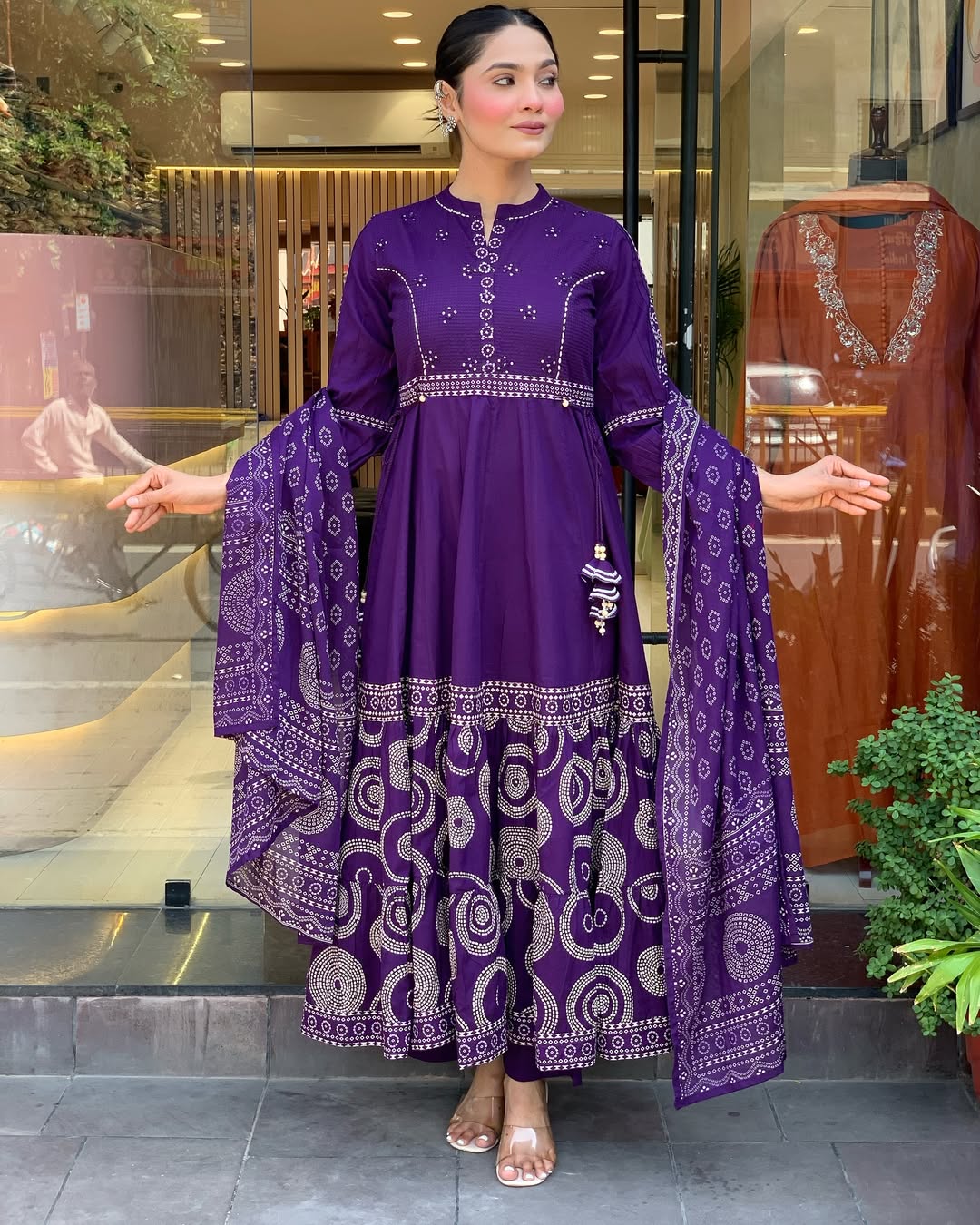 Deep Purple Bandhani Anarkali Kurta Set with Dupatta