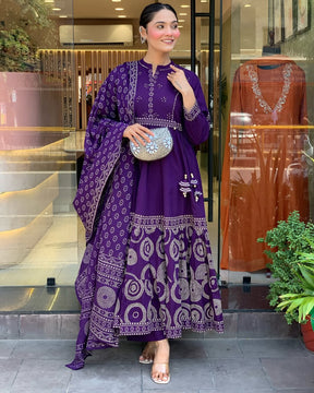 Deep Purple Bandhani Anarkali Kurta Set with Dupatta