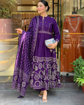 Deep Purple Bandhani Anarkali Kurta Set with Dupatta