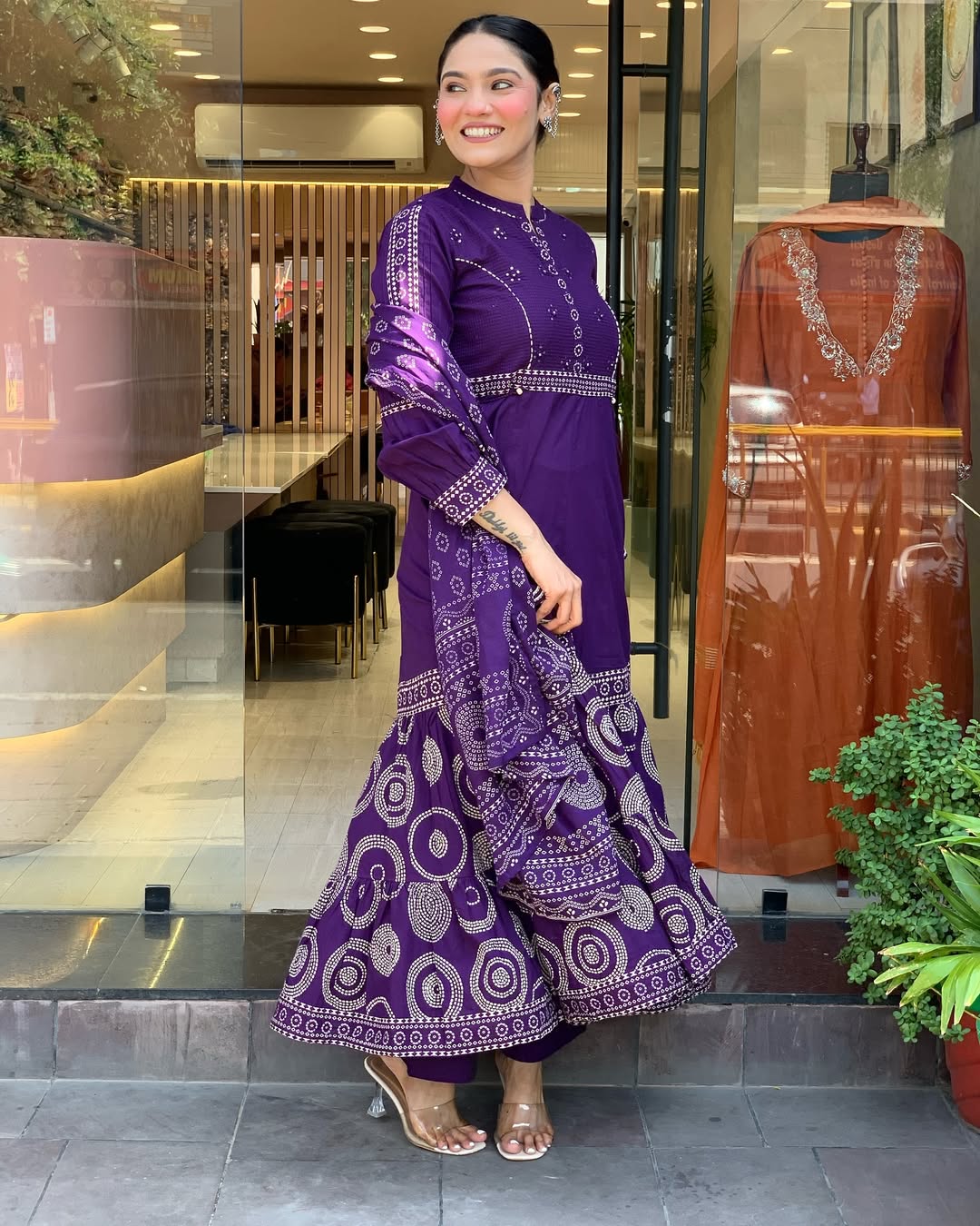 Deep Purple Bandhani Anarkali Kurta Set with Dupatta