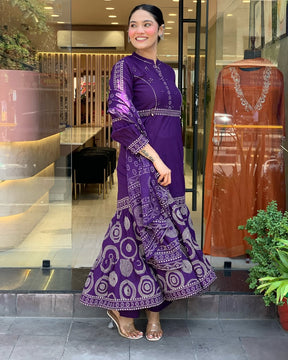 Deep Purple Bandhani Anarkali Kurta Set with Dupatta