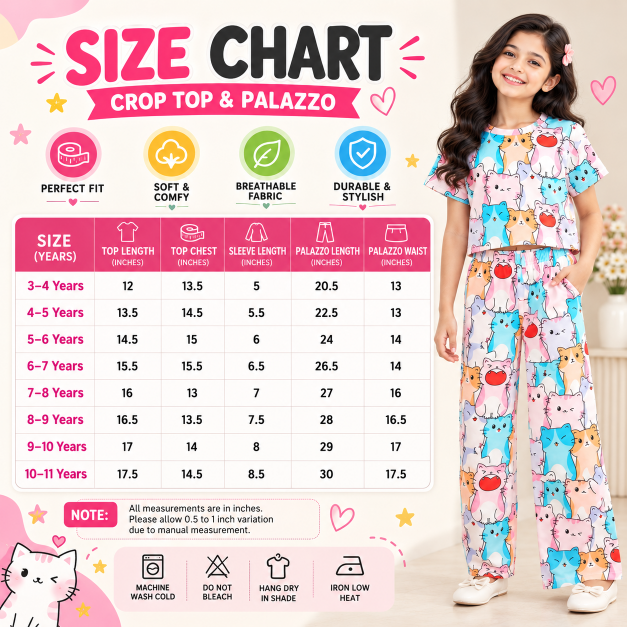 Girls Multicolor Cat Print Co-Ord Set