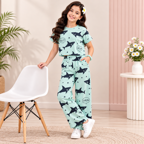 Girls Mint Green Shark Print Co-Ord Set with Crop Top & Wide Leg Pants